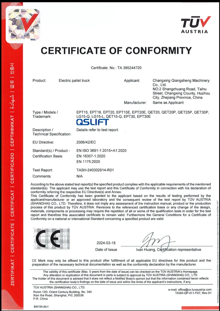 CE CERTIFICATE - ELECTRIC PALLET TRUCK_副本